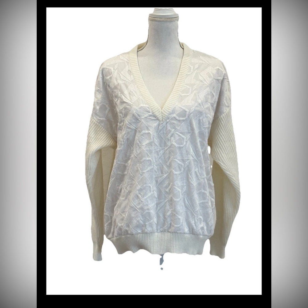 Organically Grown Vintage Ivory White 80s Geometric V-neck Sweater Size XL